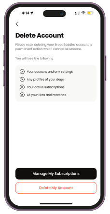 Delete Account screen on the BreedBuddies app, showing options to delete the account along with associated dog profiles, data, and messages